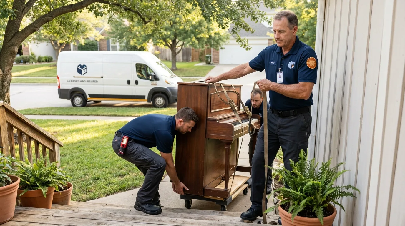 Licensed piano movers securing grand piano in Lanai City, HI