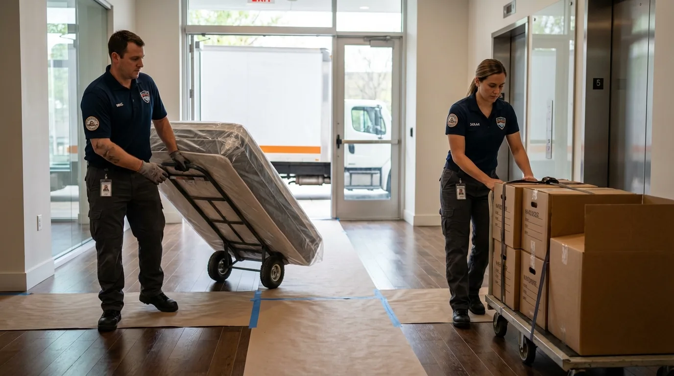 Professional apartment movers loading elevator in Lanai City, HI