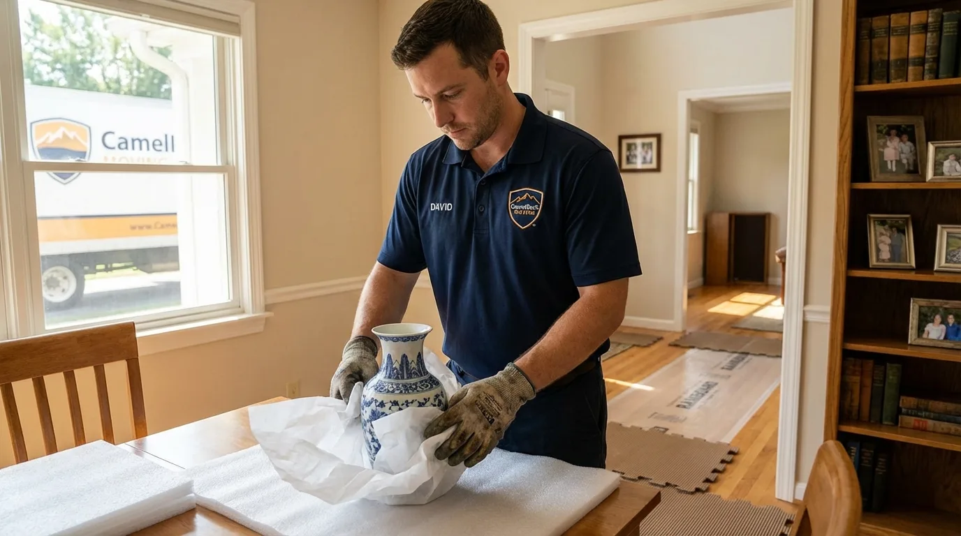 Professional crew carefully wrapping antique vase for senior downsizing move in Lanai City, HI
