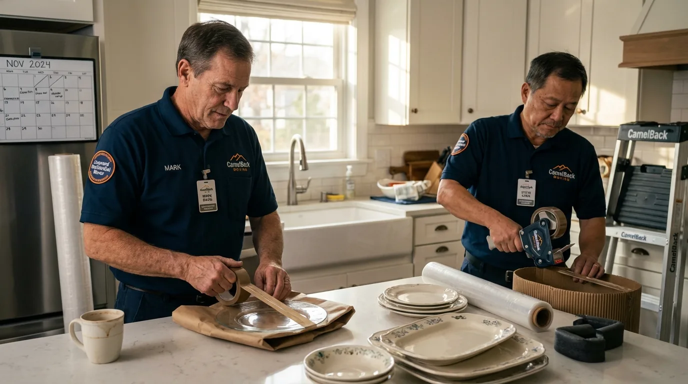 Professional crew packing kitchen dishware in Lanai City, HI